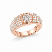 A rose gold ring featuring a pavé-set diamond halo with a central round-cut diamond, set against a clean white background.