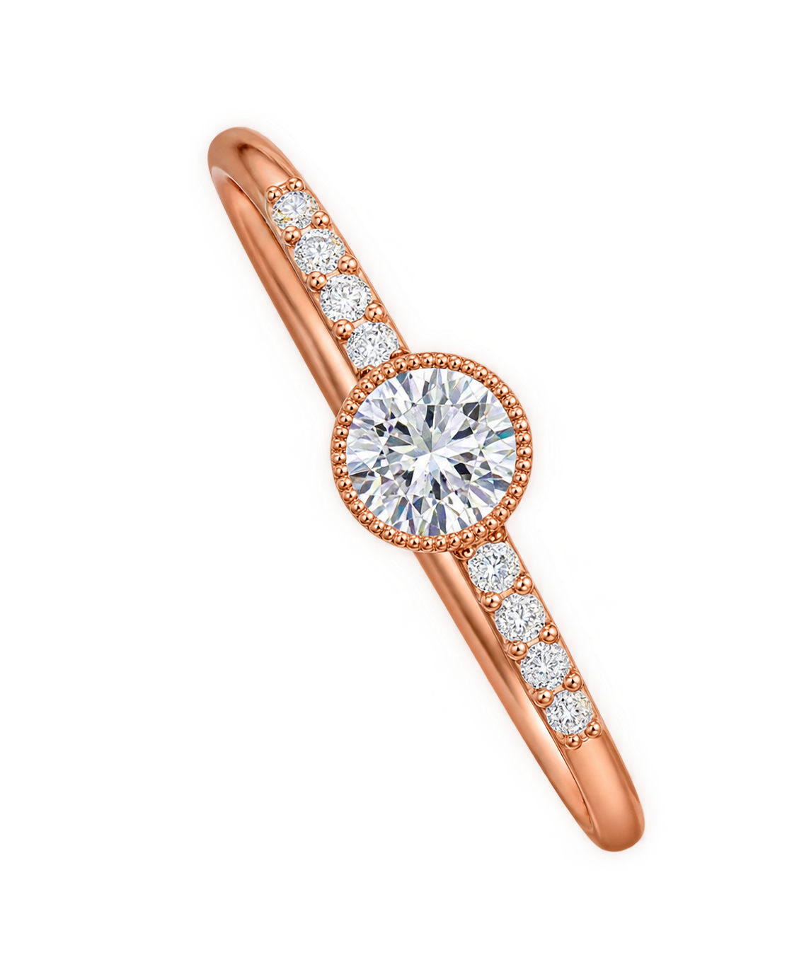 A rose gold engagement ring featuring a round-cut center stone surrounded by a micro-pave halo and channel-set accent stones, shown on a solid white background.