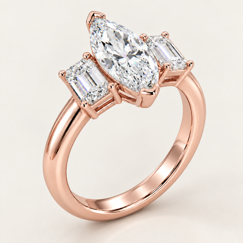 Rose gold ring featuring a marquise-cut center diamond flanked by two baguette-cut diamonds, set on a polished band against a light beige background.