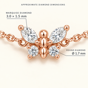 Macro view of a rose gold diamond butterfly bracelet with 3 × 1.5 mm marquise diamonds and 1.7 mm round diamonds.