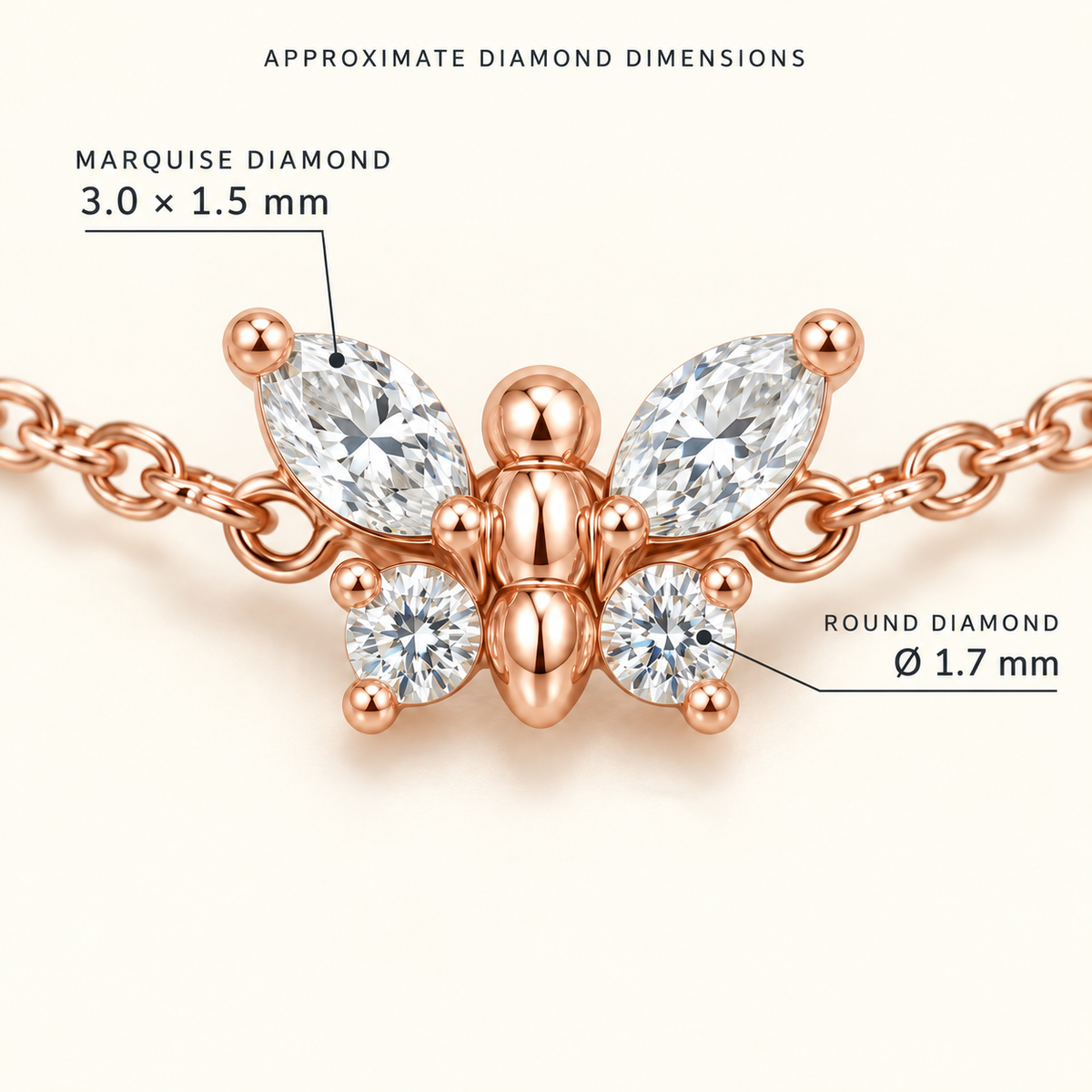 Macro view of a rose gold diamond butterfly bracelet with 3 × 1.5 mm marquise diamonds and 1.7 mm round diamonds.