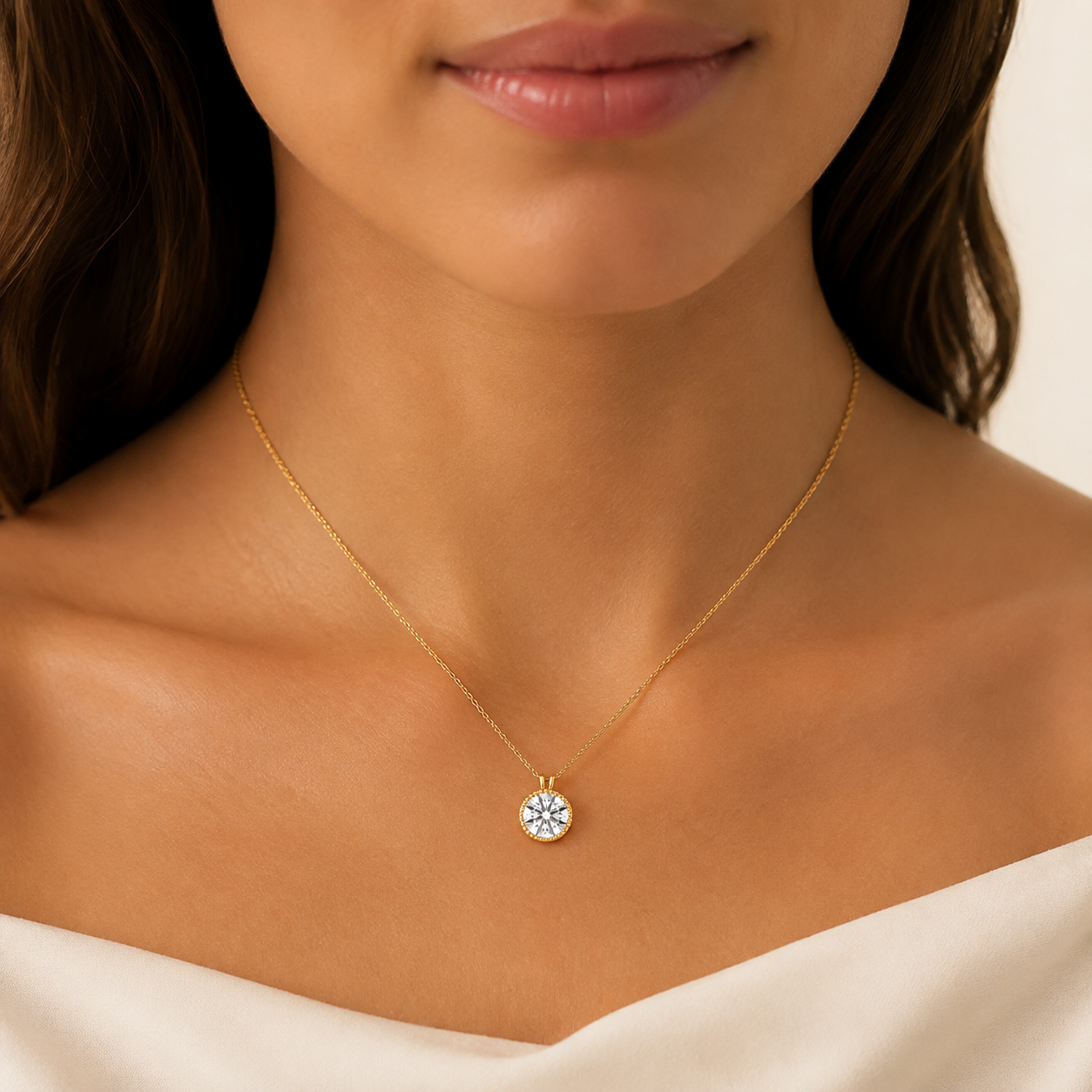 Round Lab-Grown Diamond Milgrain Bezel Pendant Necklace in 10K or 14K Gold