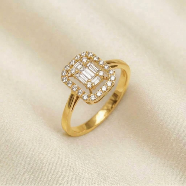 18K rose gold baguette and round diamond halo ring with square geometric center