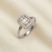 18K rose gold baguette and round diamond halo ring with square geometric center