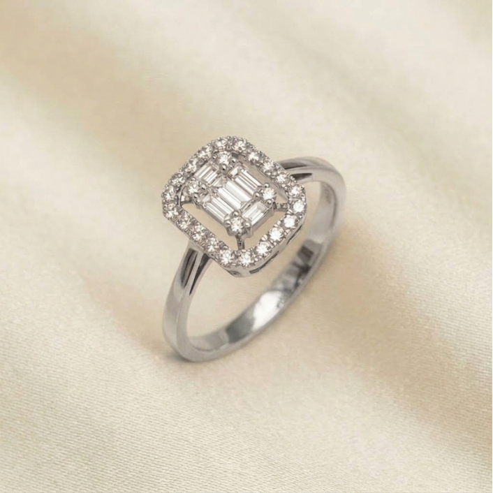 18K rose gold baguette and round diamond halo ring with square geometric center