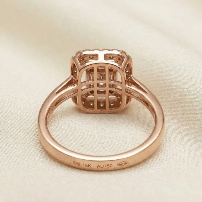 18K rose gold baguette and round diamond halo ring with square geometric center