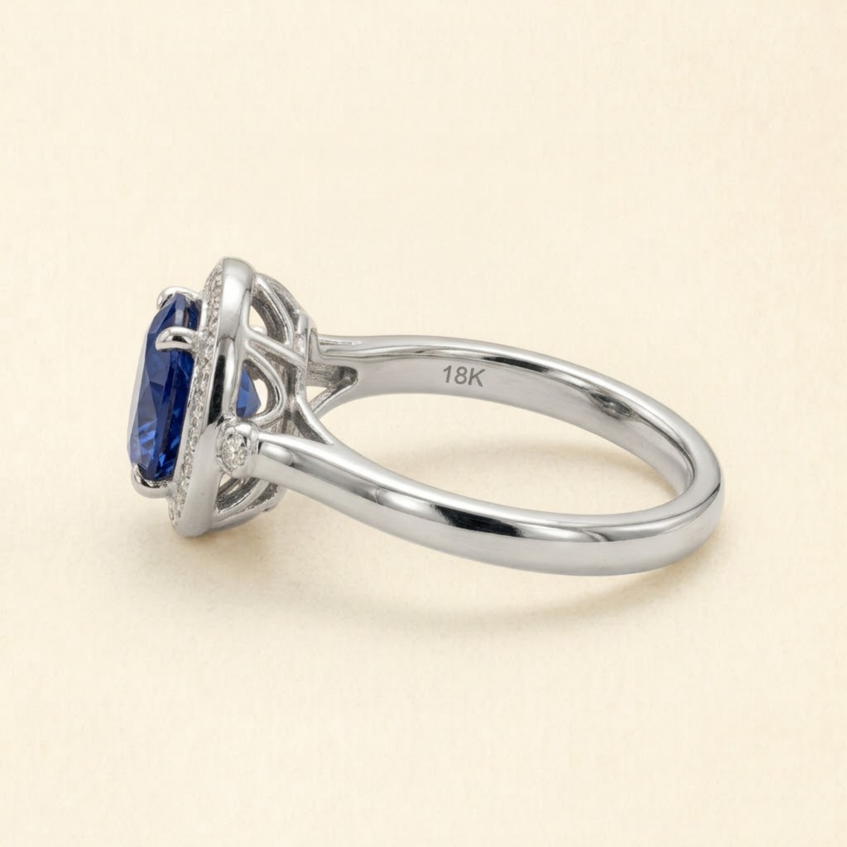 East West Oval Blue Sapphire Halo Ring in Solid Gold