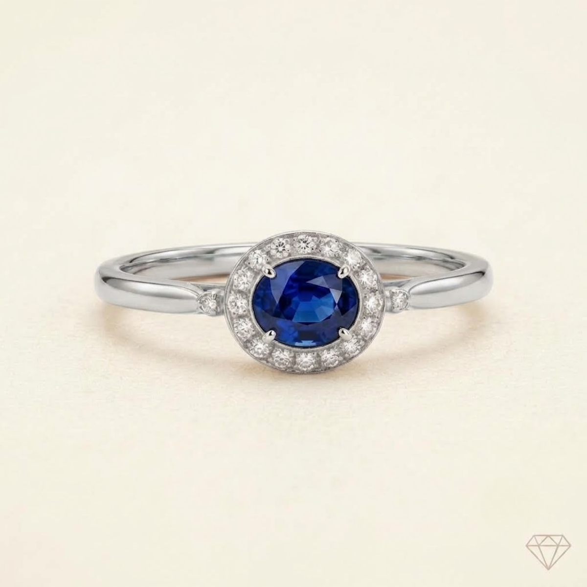 East West Oval Blue Sapphire Halo Ring in Solid Gold
