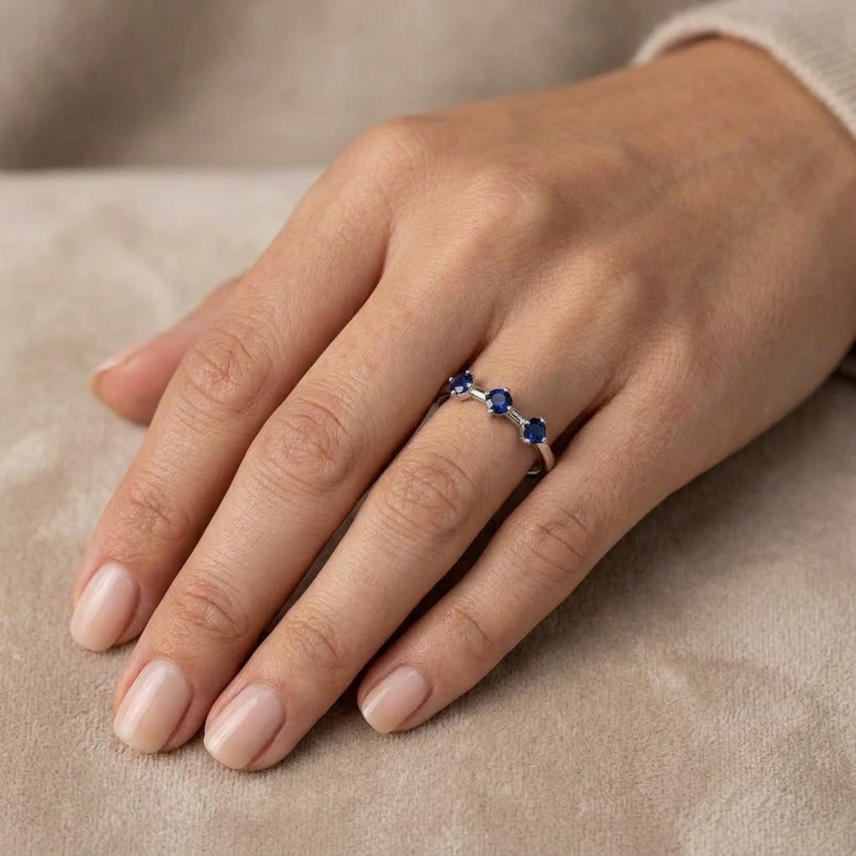 Three-Stone Blue Sapphire Ring in Solid Gold