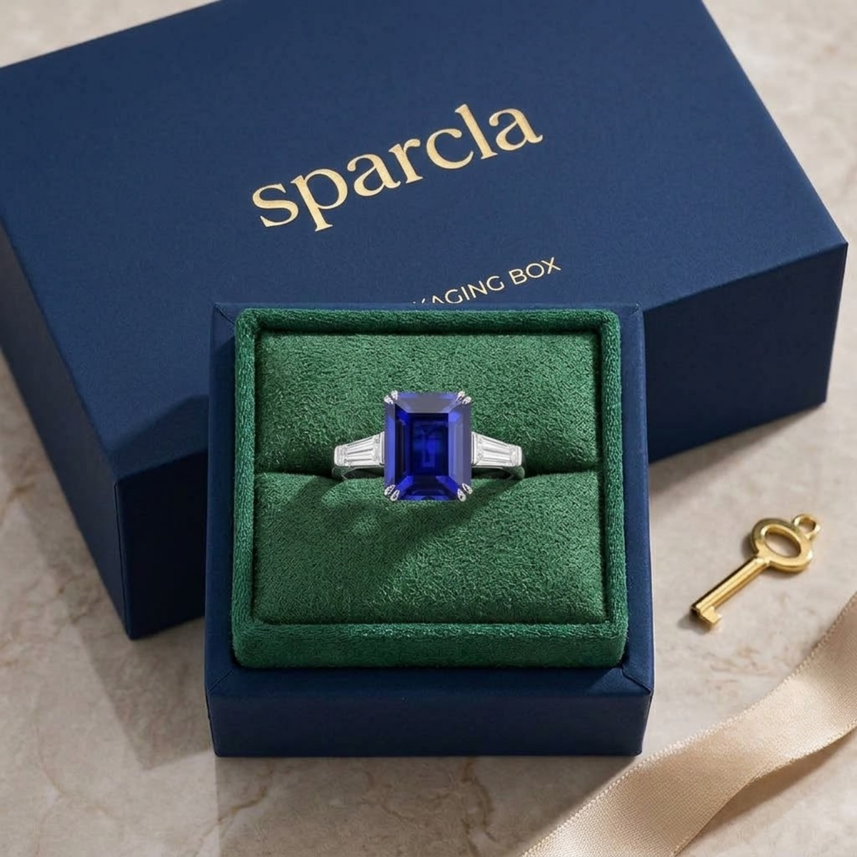 Emerald cut blue sapphire engagement ring with moissanite side stones