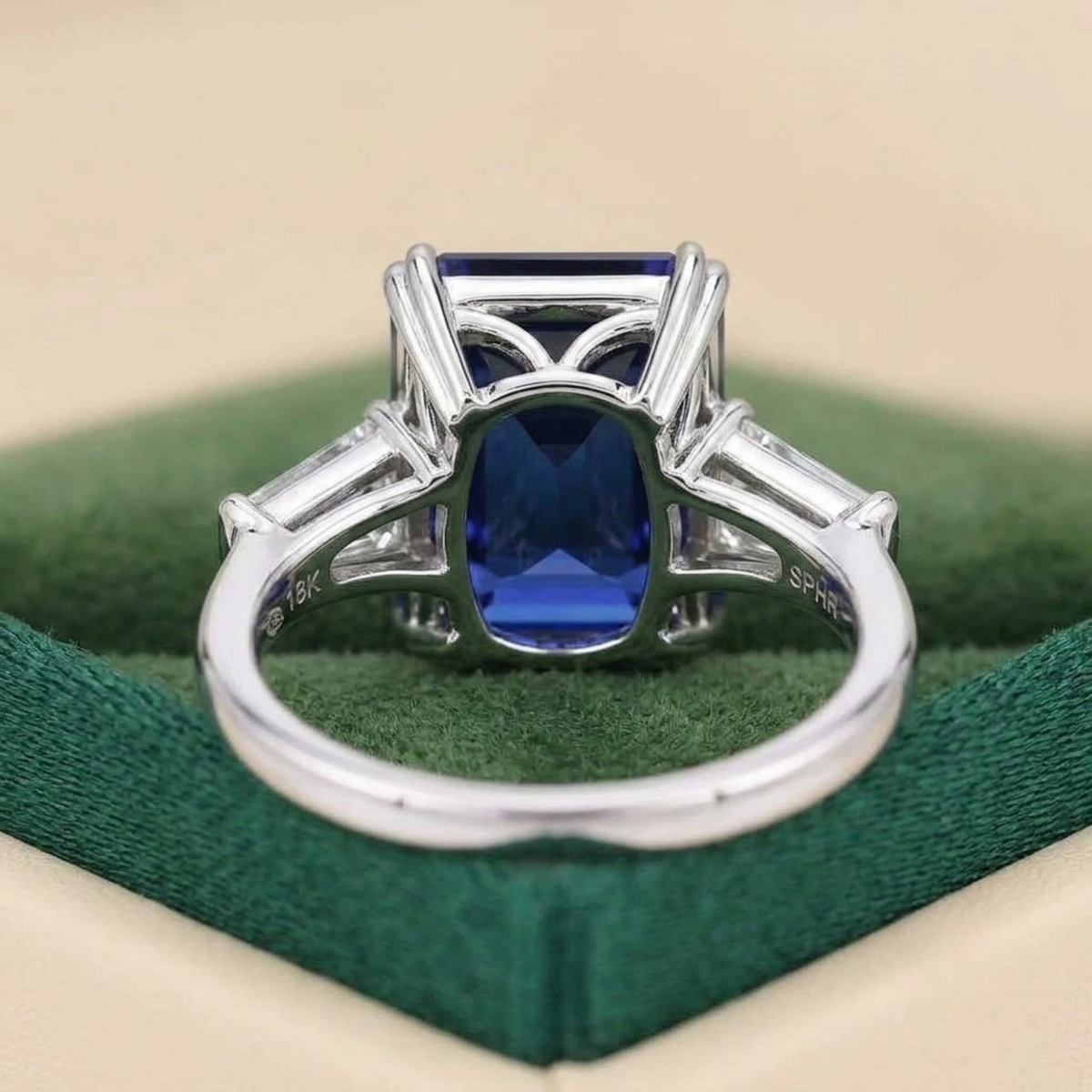 Emerald cut blue sapphire engagement ring with moissanite side stones