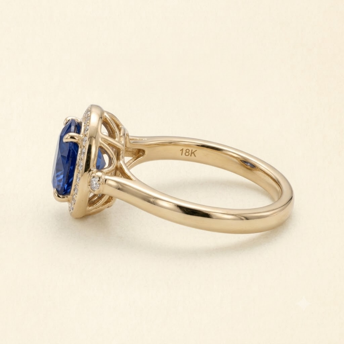 East West Oval Blue Sapphire Halo Ring in Solid Gold