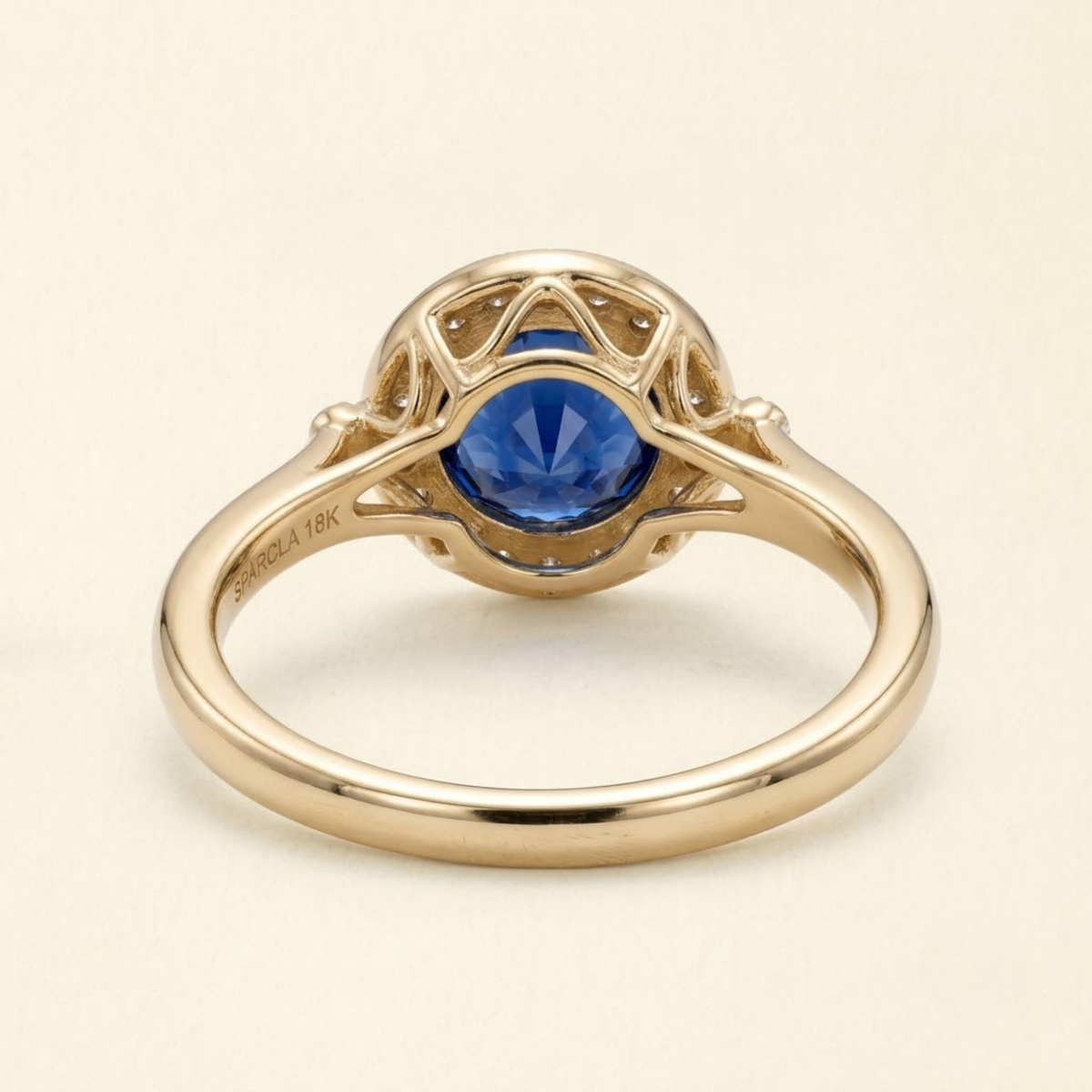 East West Oval Blue Sapphire Halo Ring in Solid Gold