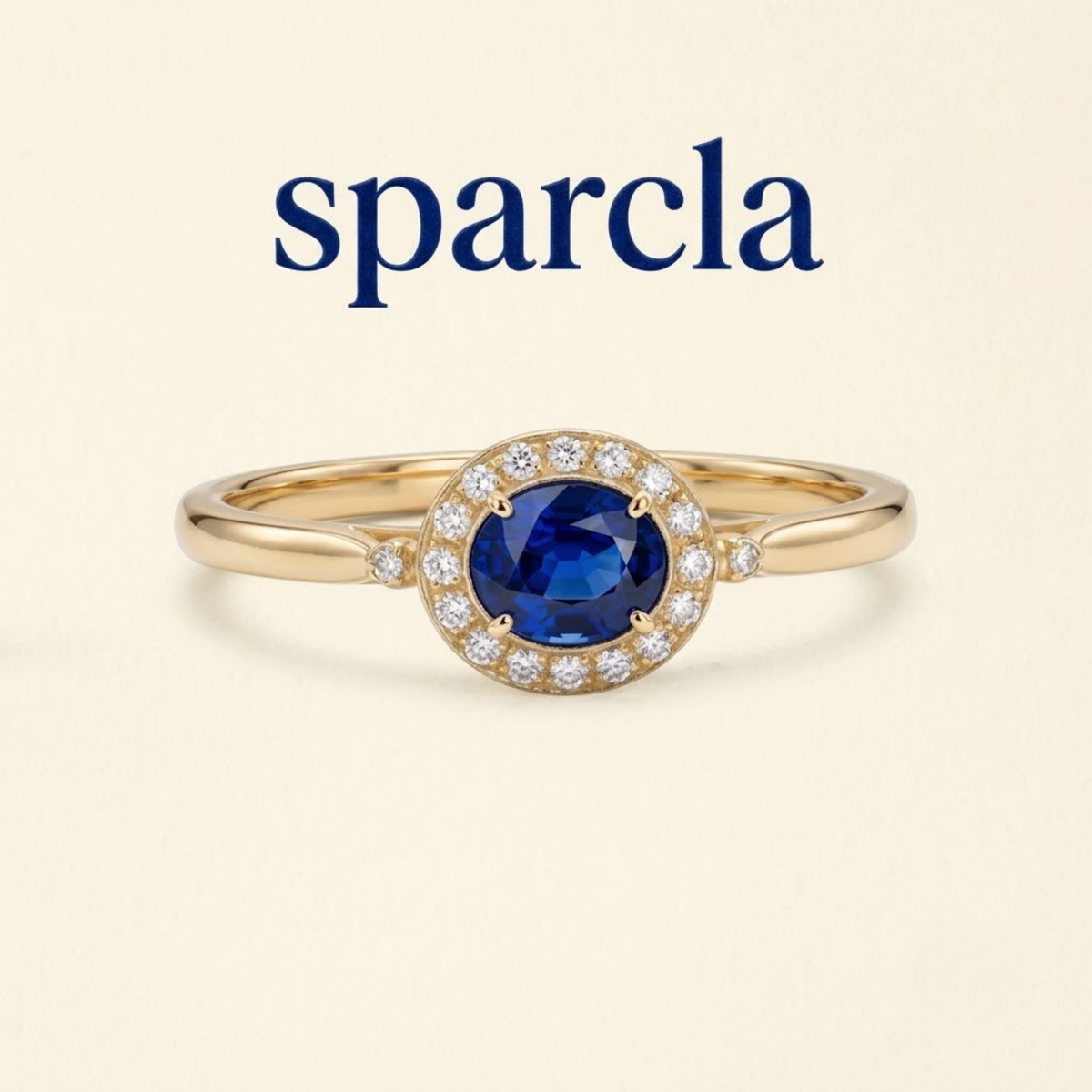 East West Oval Blue Sapphire Halo Ring in Solid Gold