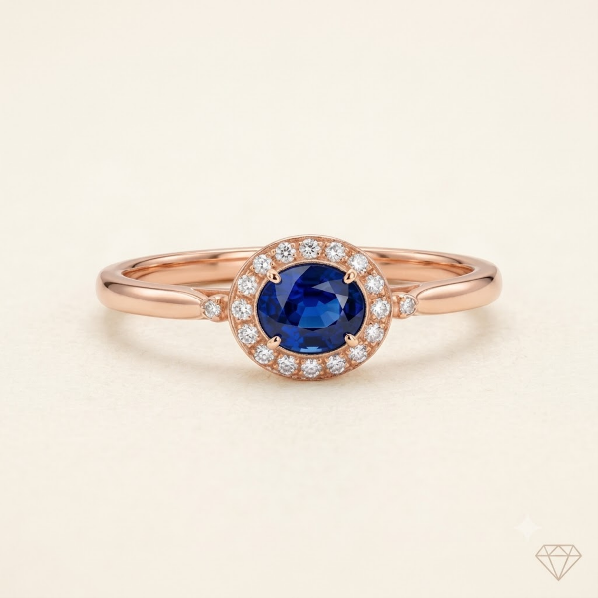 East West Oval Blue Sapphire Halo Ring in Solid Gold