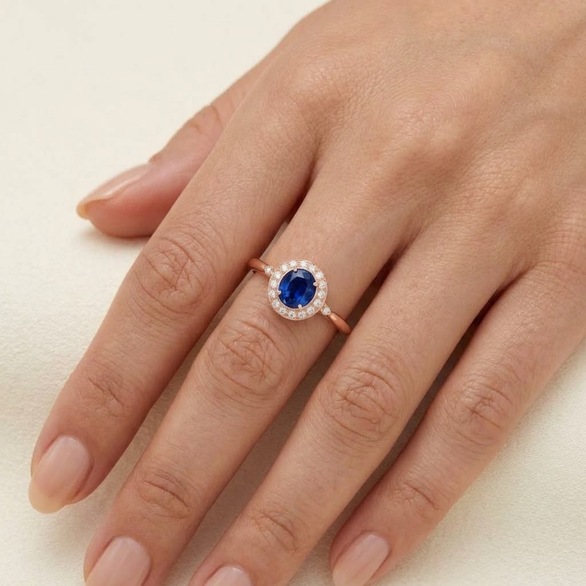 East West Oval Blue Sapphire Halo Ring in Solid Gold