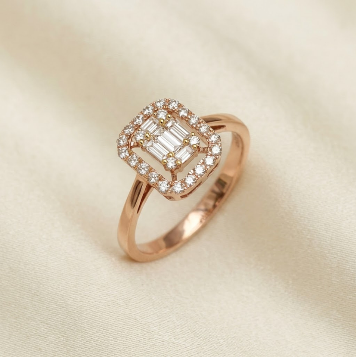 18K rose gold baguette and round diamond halo ring with square geometric center