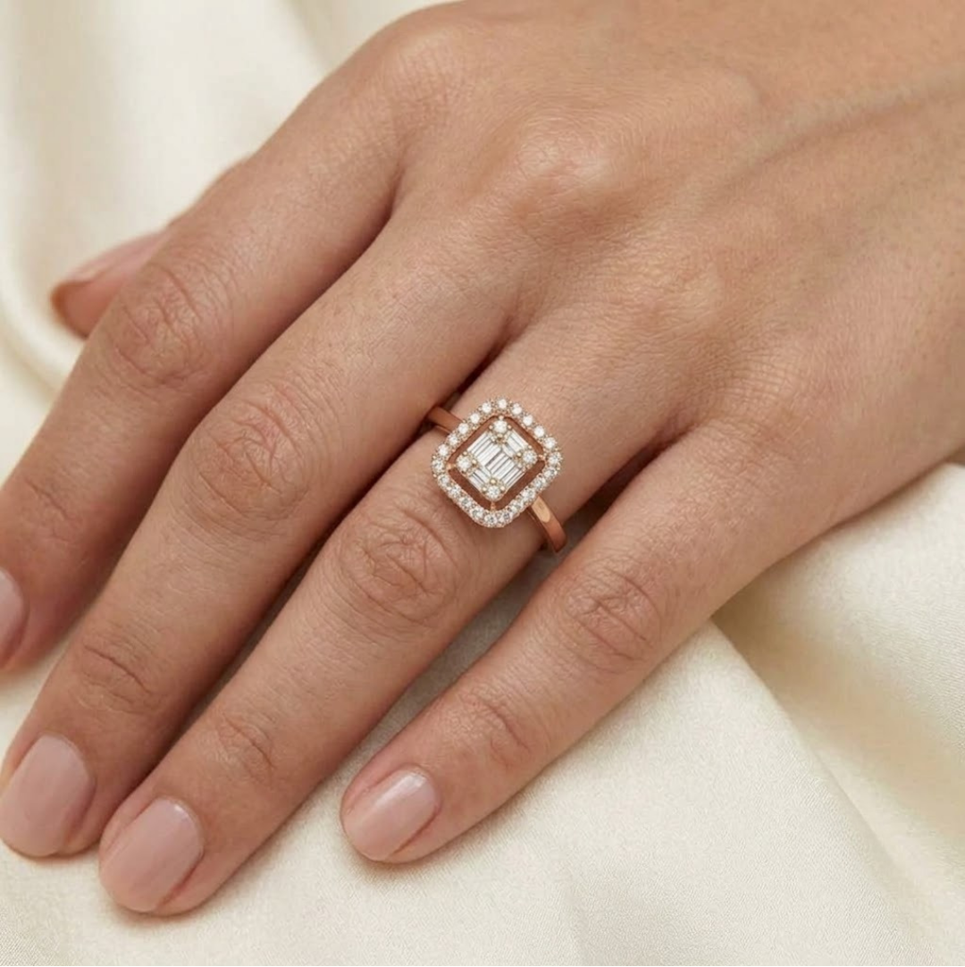 18K rose gold baguette and round diamond halo ring with square geometric center