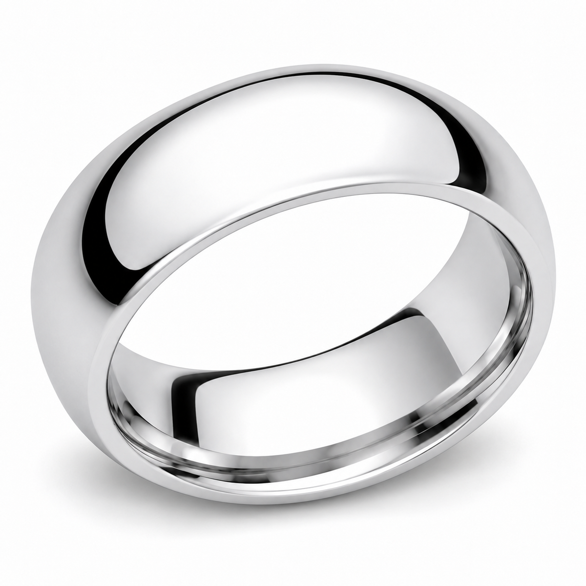 Angled view of 6mm high-polished sterling silver wedding ring