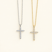 0.45 CTW moissanite cross pendant necklace in solid gold with pavé stones and cable chain
