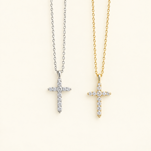 0.45 CTW moissanite cross pendant necklace in solid gold with pavé stones and cable chain