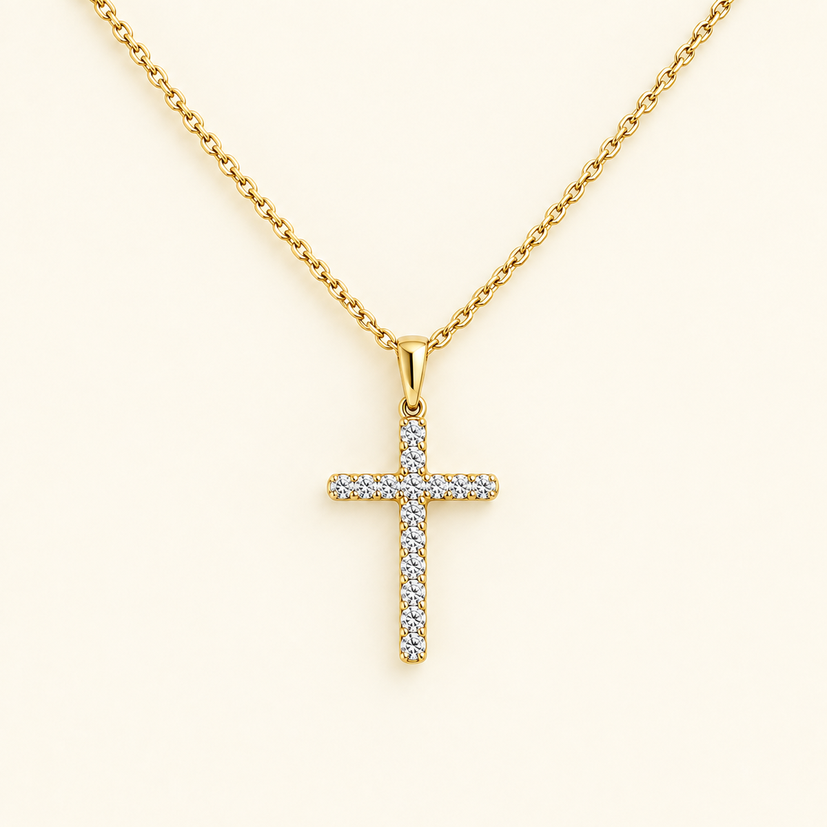 0.45 CTW moissanite cross pendant necklace in solid gold with pavé stones and cable chain