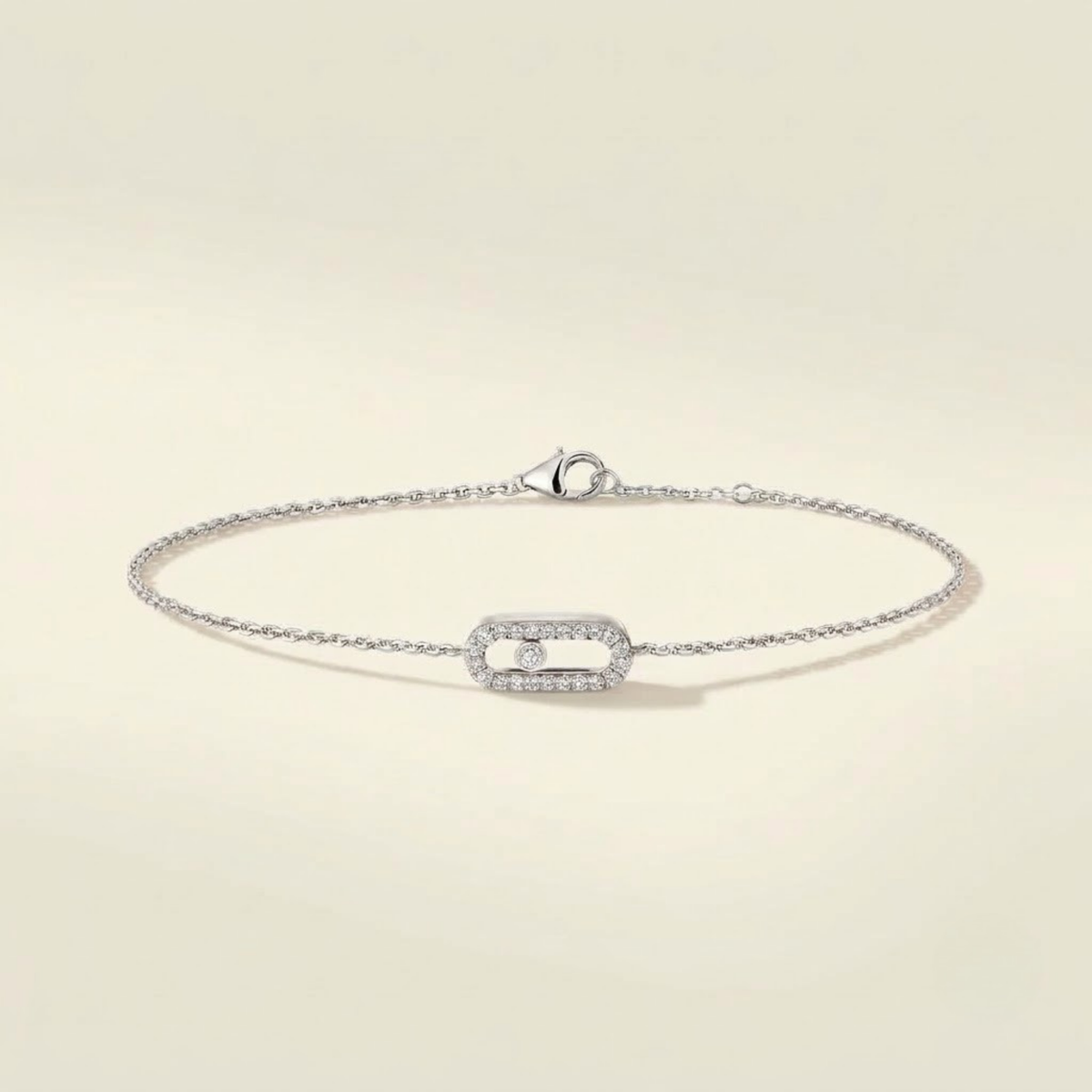 Front view of delicate solid gold lab grown diamond bracelet with pavé-set motif